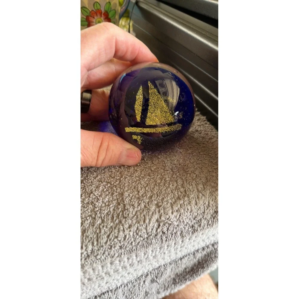 Set of 3 Glass Paperweights Nautical Sailboat 3D Effect Blue Clear Multicolor